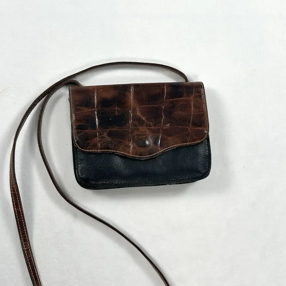 Furla Leather Crossbody Shoulder Purse Bag Mini Small Brown Black Italy VTG